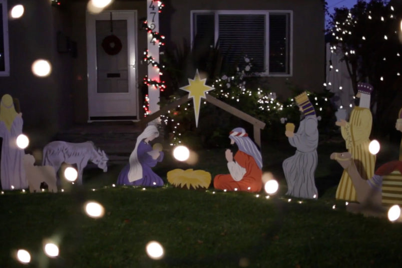 Outdoor nativity set with christmas lights