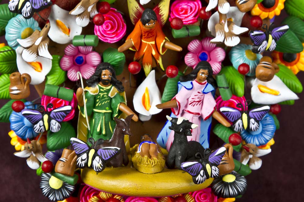Detail of colorful terra cotta nativity from Mexico