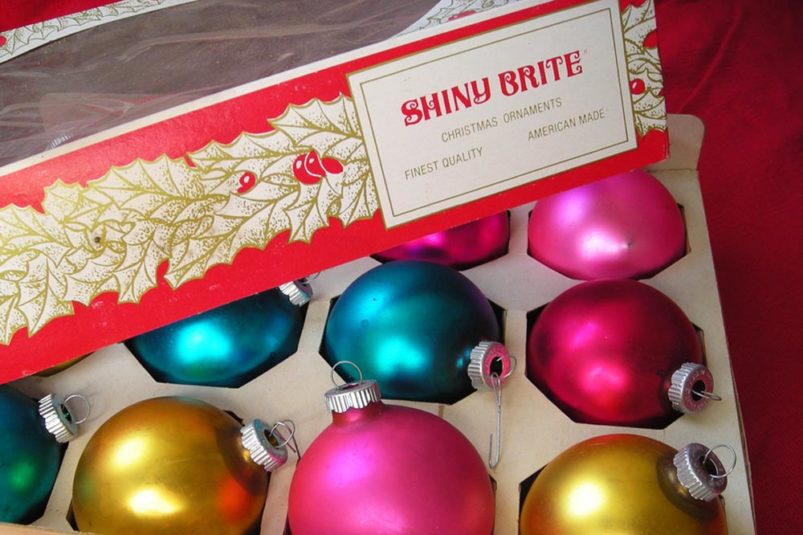 Box of Shiny Brite Christmas tree ornaments