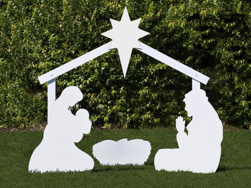 White holy family outdoor nativity scene